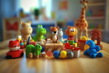 A delightful assortment of playful toys set against a children's room backdrop.