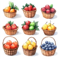 Nine watercolor illustrations of various fruits in baskets.