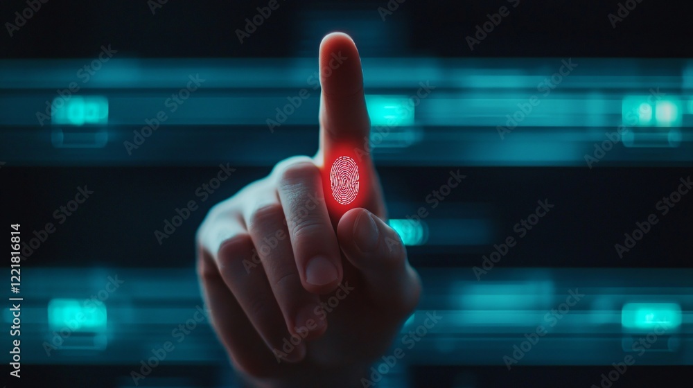Poster fingerprint biometric scan hand on digital interface security technology