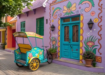 A brightly decorated traditional rickshaw