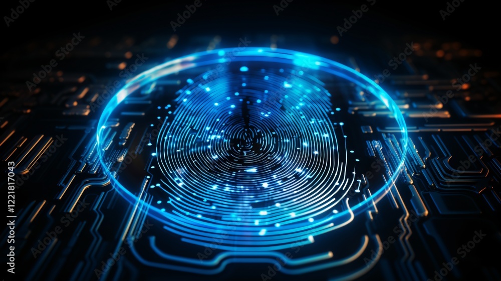 Poster futuristic fingerprint scan on circuit board digital identity biometric security technology