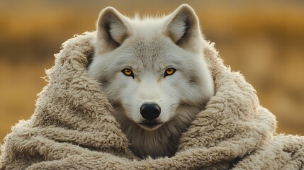 Obraz premium Arctic Wolf Cozily Wrapped Warm Golden Light. AI Generated