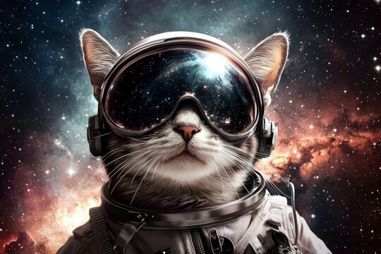 A stunning photorealistic portrait of a cat in a spacesuit amidst the galaxy.