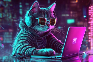Fusion of abstract art and cyberpunk elements showcasing a cat hacker.
