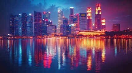 Fototapeta premium Vibrant cityscape at night, reflected in calm water.