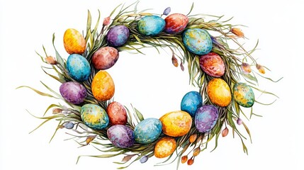 Beautiful Watercolor Easter Wreath Decorated with Colorful Eggs and Lush Greenery Creating a Joyful and Festive Atmosphere Perfect for Spring Celebrations and Holiday Gatherings