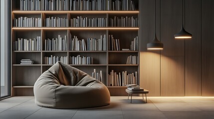 Cozy reading nook with beanbag chair, bookshelves, and warm lighting.