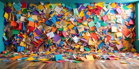 A vibrant explosion of colorful paper fragments adorns a room's wall and floor, creating a dynamic and artistic scene.