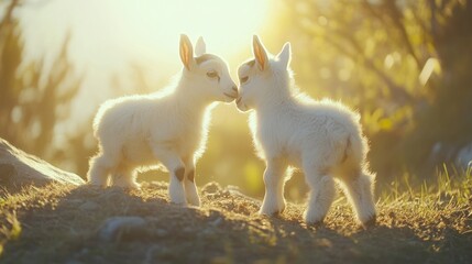 Obraz premium Two Baby Goats in Golden Sunlight