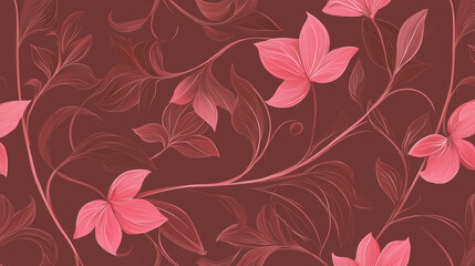 Seamless Floral Pattern with Pink Flowers and Leaves on a Maroon Background