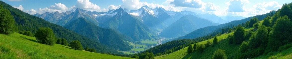 Rolling hills covered in lush greenery with snow-capped peaks, rugged terrain, serene, wilderness