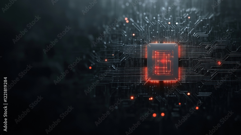 Aufkleber Futuristic Microchip on Dark Circuit Board Background with Glowing Lines and Detailed Circuitry for Technology and Innovation Concepts