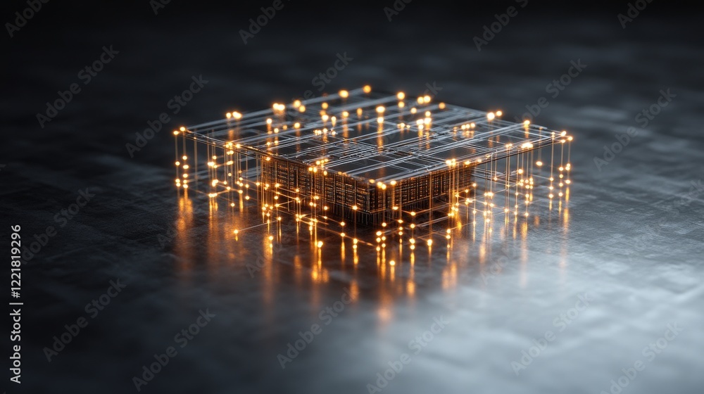 Poster futuristic digital circuit featuring glowing fiber optic lights on a metallic surface, representing 