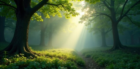 Obraz premium Misty forest clearing with sunlight filters through, tree, leaf