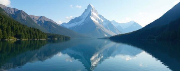 serene lake surface reflects majestic mountain peak, still, nature