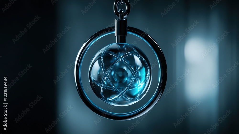 Poster modern abstract design featuring a geometric blue sphere suspended in a silver ring against a soft, 