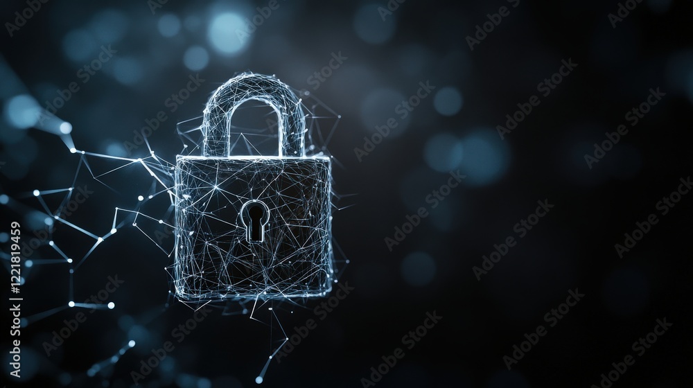 Fototapete Digital illustration of a futuristic padlock symbolizing cybersecurity and data protection, featuring glowing points and lines forming a secure encryption concept in a tech-inspired background.