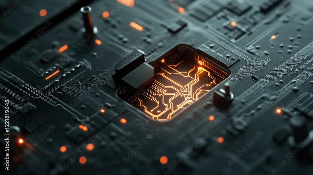 Aufkleber intricate close-up of a circuit board with glowing orange microchip components against a dark backgr