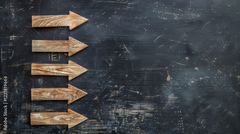 Poster wooden arrows pointing right on dark background, symbolizing direction and guidance. ideal for conce