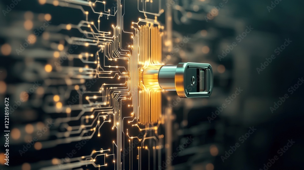 Poster Encrypted Security Concept with Lock Over Circuit Board, Showcasing Digital Encryption, Data Protection, and Cybersecurity Technology Visualizations