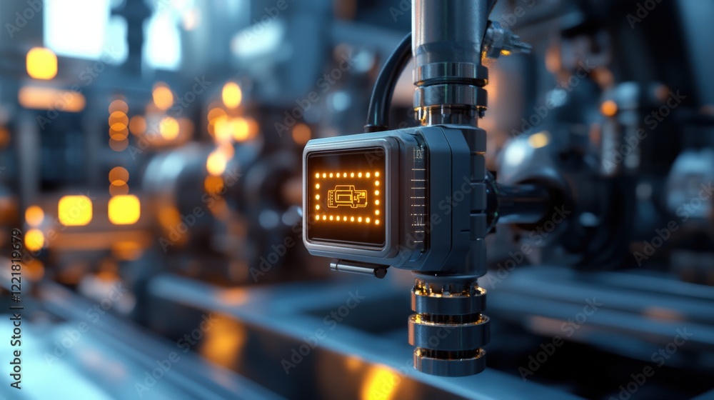 Poster Advanced Industrial Sensor Displaying Data in a High-Tech Manufacturing Facility with Bright Illuminated Background and Metallic Components