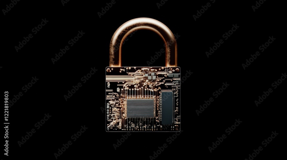 Poster Modern Digital Lock with Circuit Board Design Representing Advanced Cybersecurity and Data Protection Concepts in a High-Tech Environment