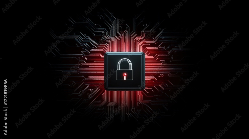 Poster Digital security concept with a glowing padlock icon on a dark background surrounded by vibrant circuit patterns representing technology and online protection.