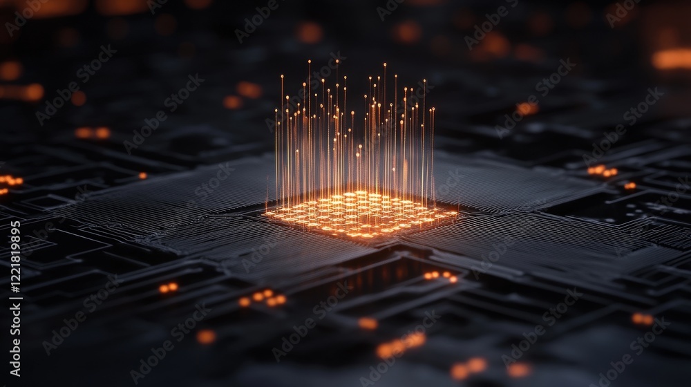 Poster Abstract representation of a futuristic microchip with glowing connections, demonstrating advanced technology concepts, data processing, and digital innovation in a dark environment