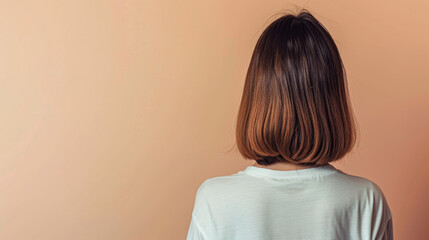 woman with shoulder length hair stands against soft, peach colored background, exuding sense of calm and introspection