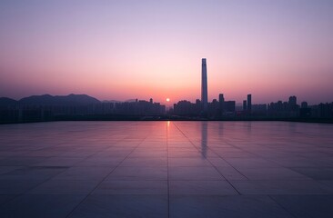 Naklejka premium Sleek, empty square floor with a city skyline and bridge at sunset in Shenzhen, China. Wide-angle lens, with generative ai