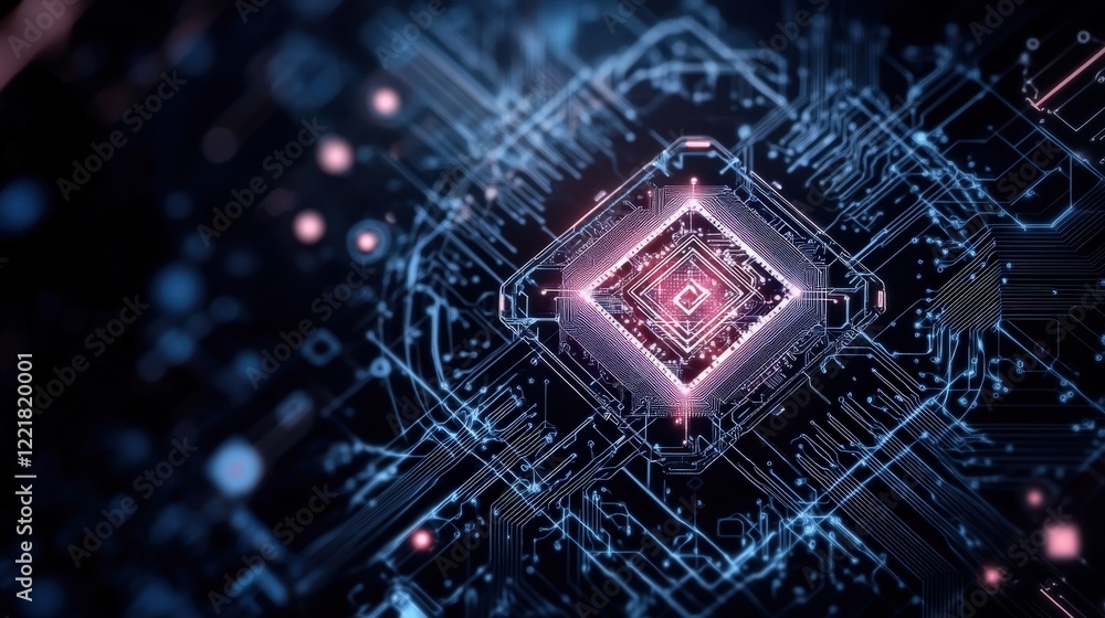 Poster Abstract representation of a futuristic microchip technology with glowing elements, intricate circuits, and interconnected data pathways for digital innovation concepts