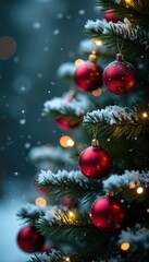 Snow dusted fir tree with red glass ornaments and twinkling string lights, decoration, garland, snowflakes