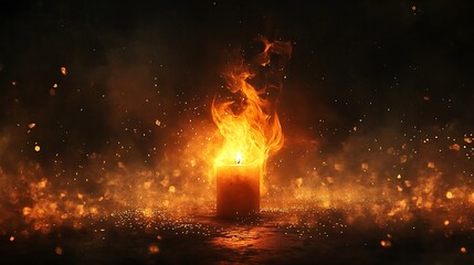Fiery candle flame with sparks and smoke in dark background.