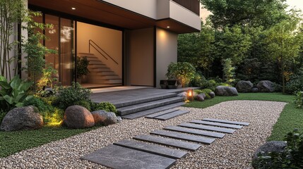 Obraz premium Charming Stone Pathway Leading to a Contemporary Home Surrounded by Lush Greenery and Vibrant Flora Under a Bright Blue Sky Evoking a Sense of Warmth Tranquility and Modern Living