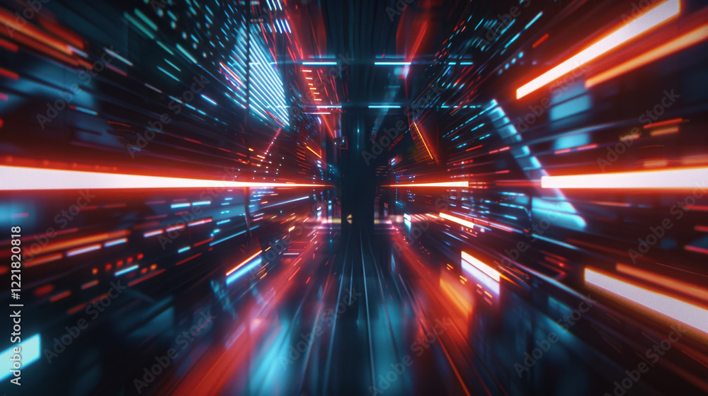 Poster futuristic digital tunnel with vibrant neon lights and motion blur, creating sense of speed and dept