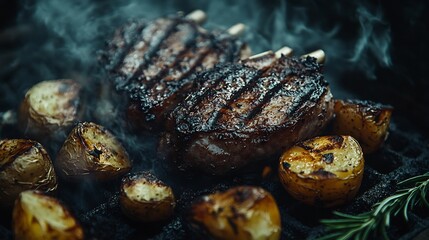 Delicious Grilled Rack of Lamb and Potatoes. AI Generated