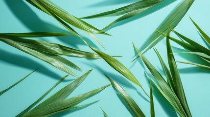 Fototapeta premium Green Leaves Arranged on a Teal Background