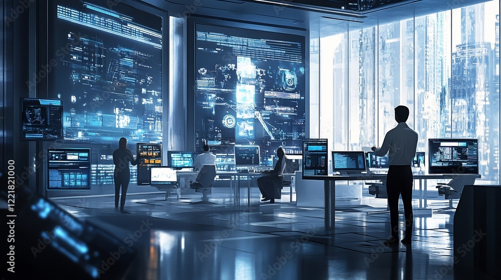 Poster futuristic tech control center: monitoring global data streams