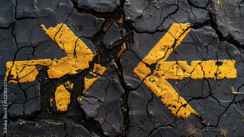 Poster cracked surface with yellow directional arrows indicating movement or guidance. texture and color co