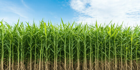 Obraz premium lush sugarcane field under bright blue sky with scattered clouds