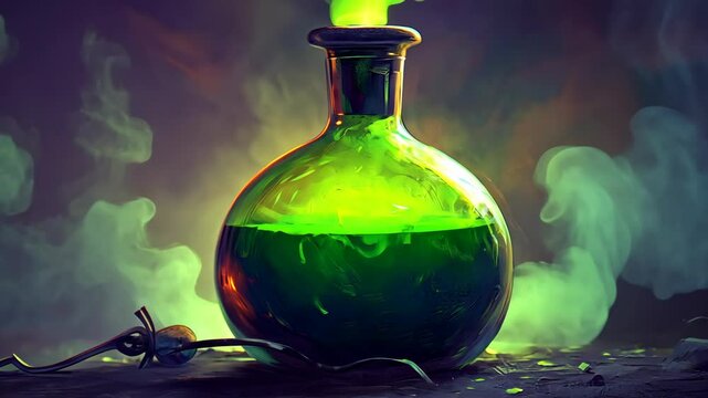 Bright green potion bubbling in a glass flask with smoke rising near a dark wooden surface