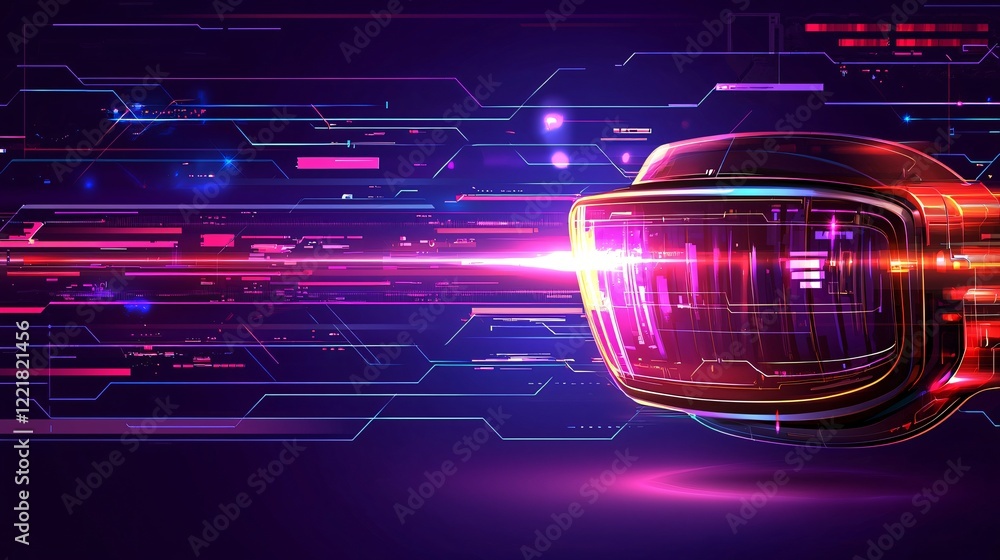 Poster futuristic virtual reality headset glowing with neon circuitry and data streams