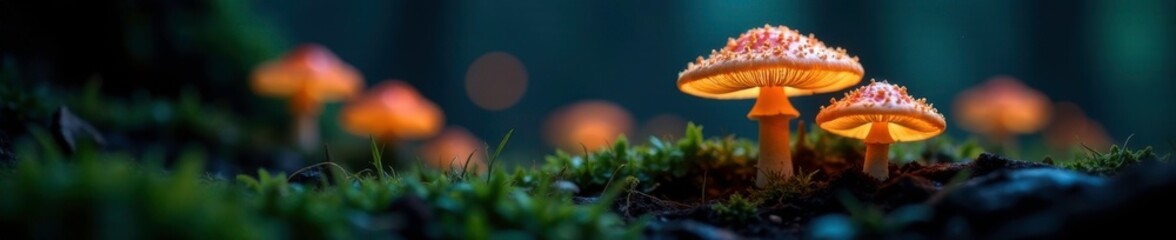 Softly glowing luminescent mushrooms dot the forest floor, wood, tree