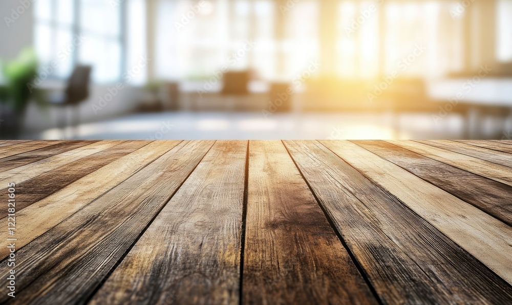 Fototapete a wooden office table with a blurred background, creating space for product display or montage. perf