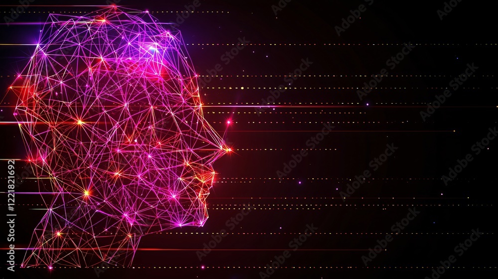 Poster abstract digital head profile glowing polygonal network data stream technology concept