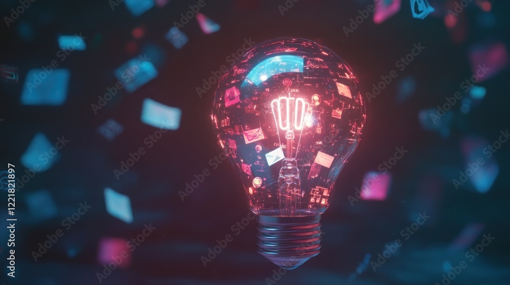 Poster illuminating digital innovation: a glowing lightbulb representing the interconnectedness of informat