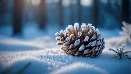 Close-Up of Frost-Covered Pine Cone on Snowy Ground in Winter Forest with Sunlight - Nature Photography