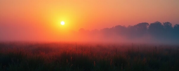 Obraz premium Softly glowing sunrise illuminates the misty landscape of a foggy field, sunrise, softly glowing, illuminated field