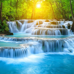 Tropical waterfall, sunlit jungle, serene landscape, nature travel