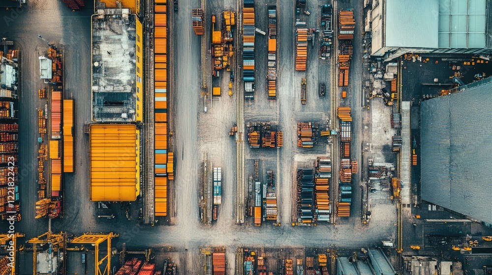 Poster aerial view of a large warehouse with multiple loading bays, showing the organized space and clear l